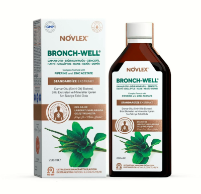 Novlex® Bronch-Well Sinir Otu, Sığır kuyruğu (Mullein), Okaliptüs, Hatmi, Kekik, Tıbbi Nane, Zencefil Ekstraktı (Ekstresi) ve Demir, Çinko İçeren Sıvı Takviye Edici Gıda 250ml